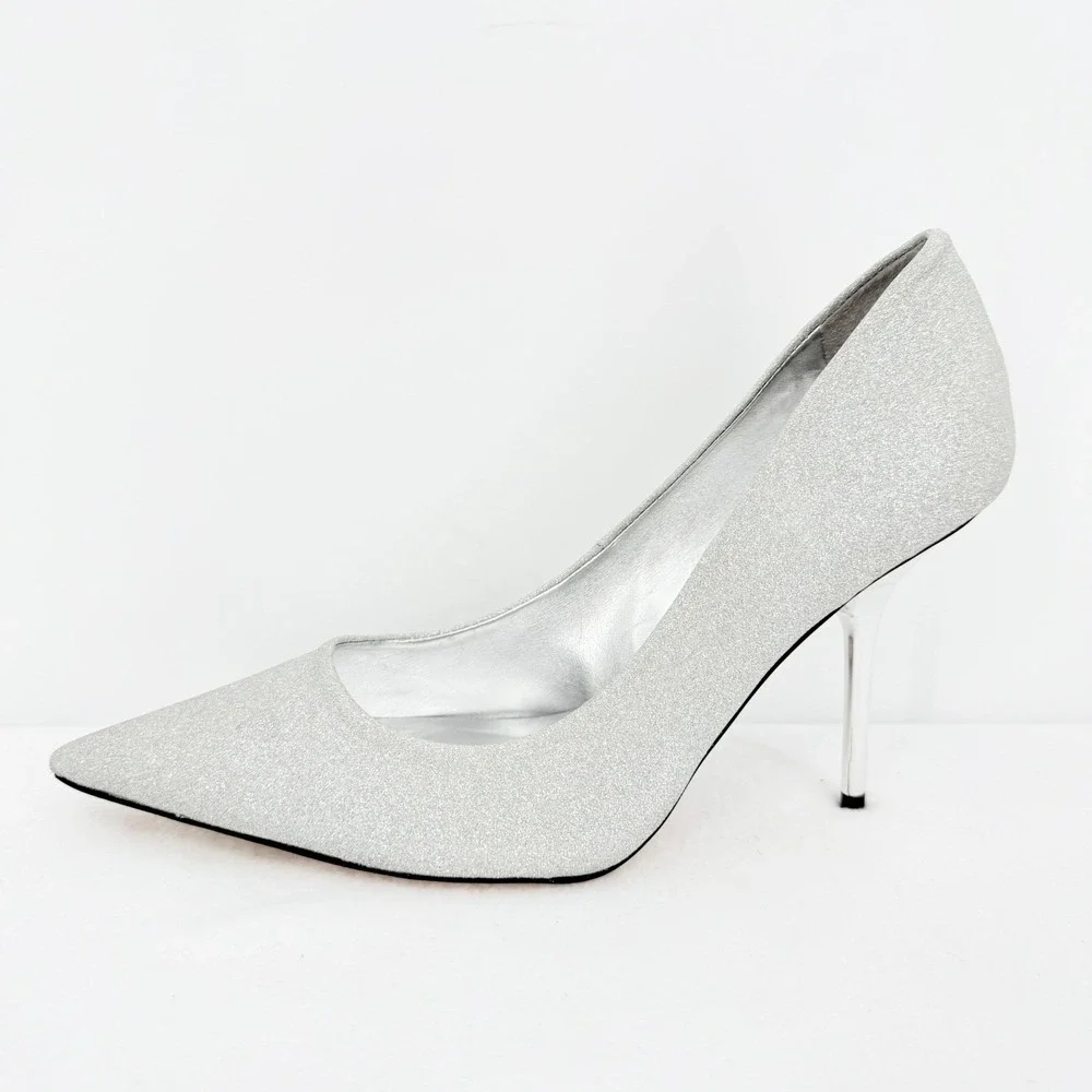 GOOD AMERICAN Emma Glitter Heel Silver Sparkly Pointed Toe Stiletto Size 10 NWOB
